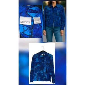 Chicos Size Med 1 Jaguarred Blue Floral Nautical Long Sleeve Artsy Blazer Top